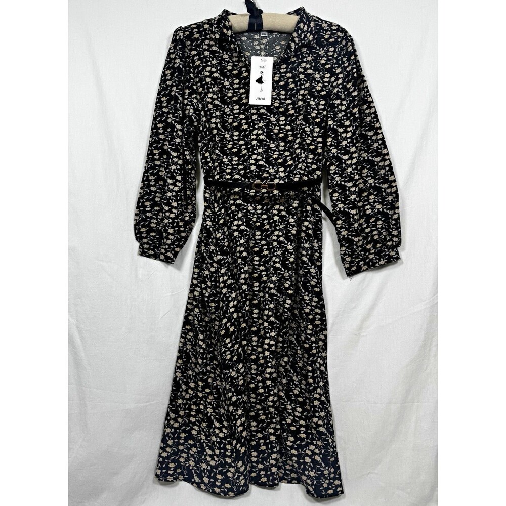 JiNai Black Floral V-Neck Long Sleeve Midi Dress w/ Belt - Women’s M